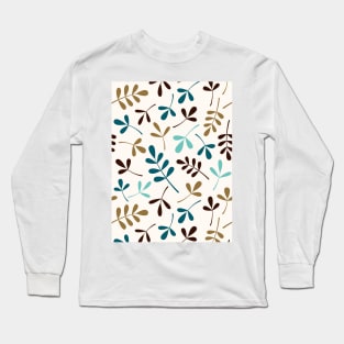 Assorted Leaf Silhouettes Teals Brwn Gld Crm Long Sleeve T-Shirt